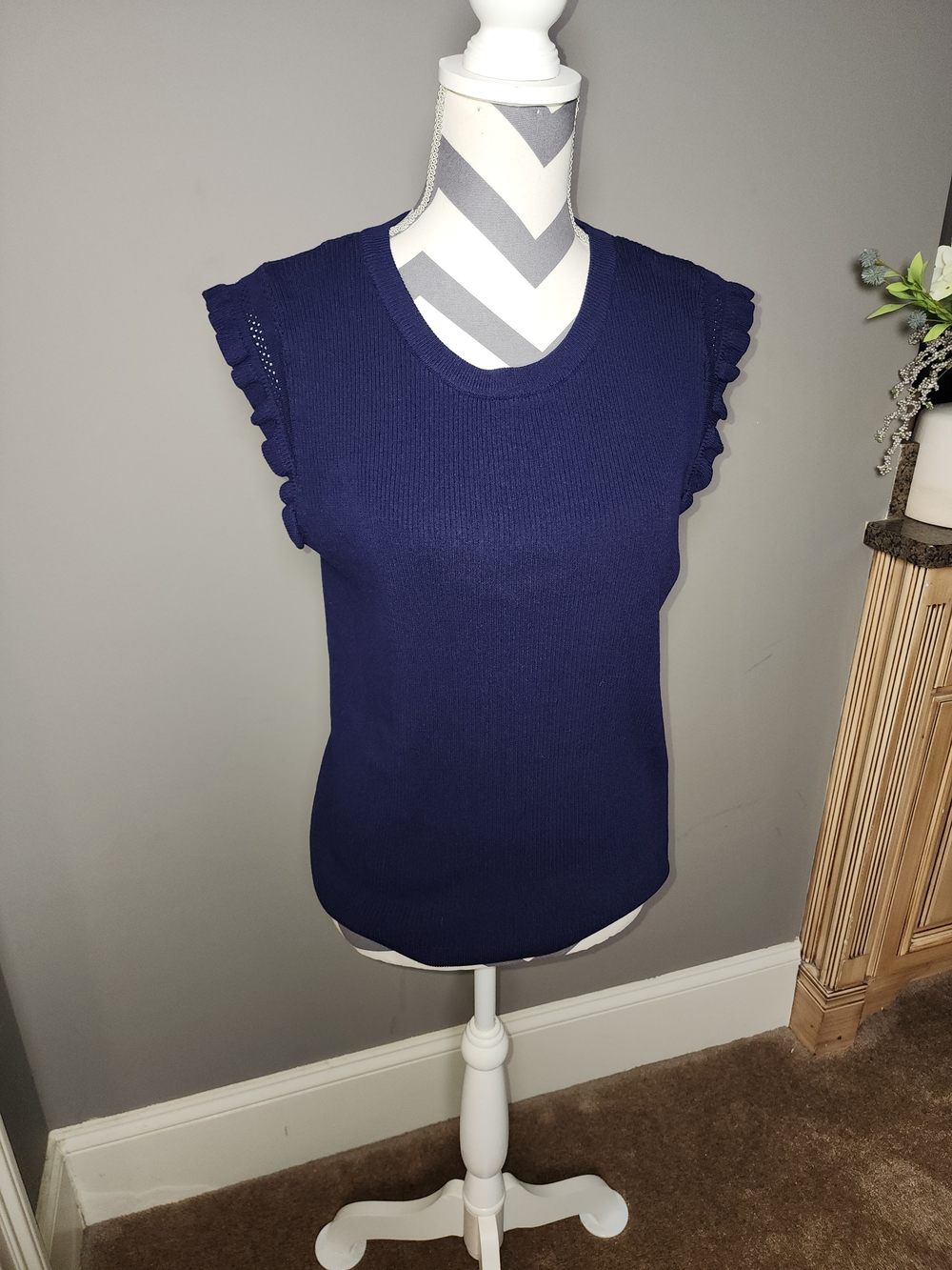 Skies Are Blue Navy Ribbed Knit Tank with Ruffle Cap Sleeves